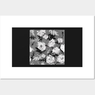 White peonies on a gray linen texture Posters and Art